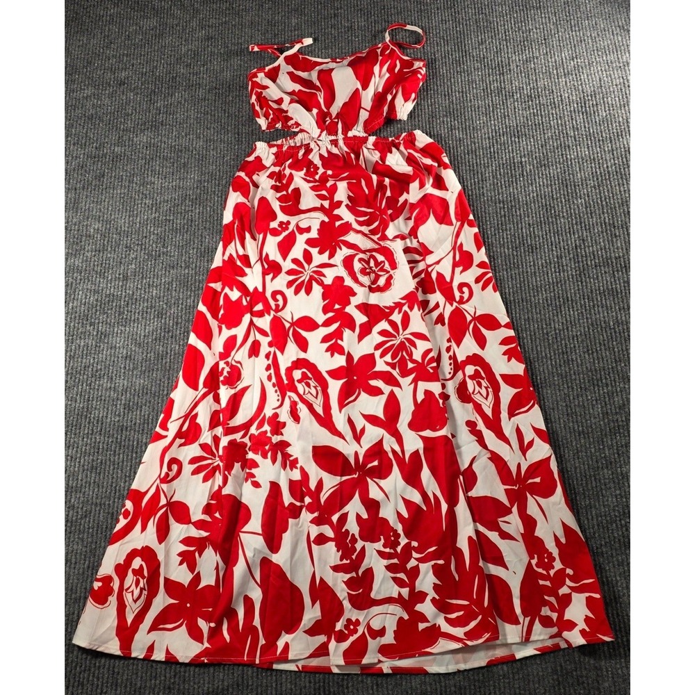 Red White Floral Cutout Maxi Dress Tropical Botanical Summer Sun Dress Medium‎
